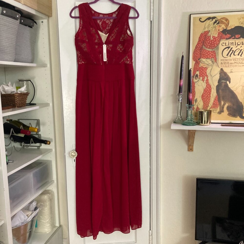 NWT Red Lace Detail Floor Length Formal Dress Size L Bridesmaid Gown - Picture 2 of 13